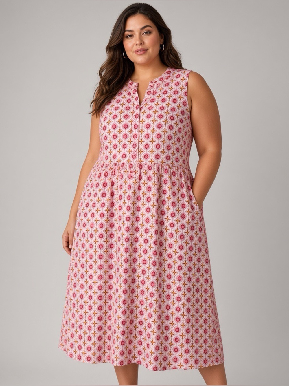 croft & barrow Pink Geometric Print Sleeveless Midi Dress